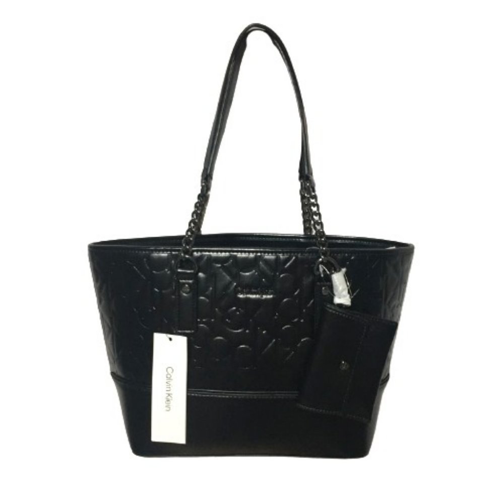 Calvin Klein Black Tote with Cardcase Purse Faux Leather Silver Accents - Picture 1 of 10